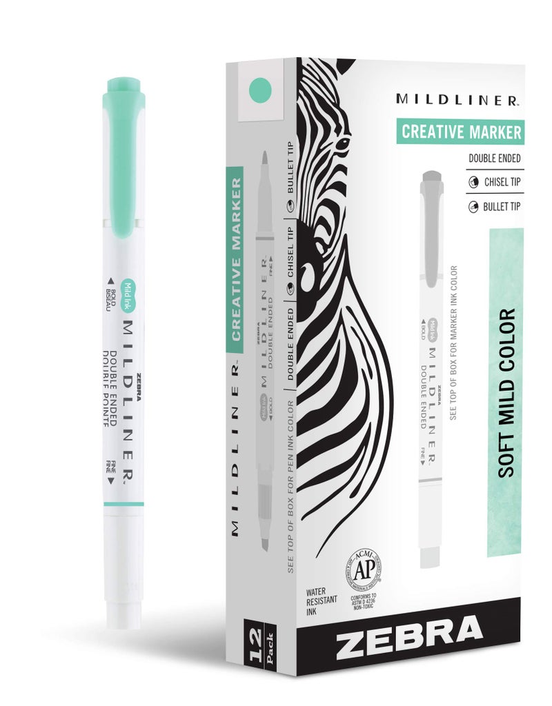 Zebra Pen Mildliner Dual-Tip Highlighters, Broad and Fine Tips, Ideal for Bible Highlighting, No Bleed, School Supplies, Teacher Supplies, and Office Supplies, Mild Blue-Green Ink, 12-Pack (78220upc) - Image 1